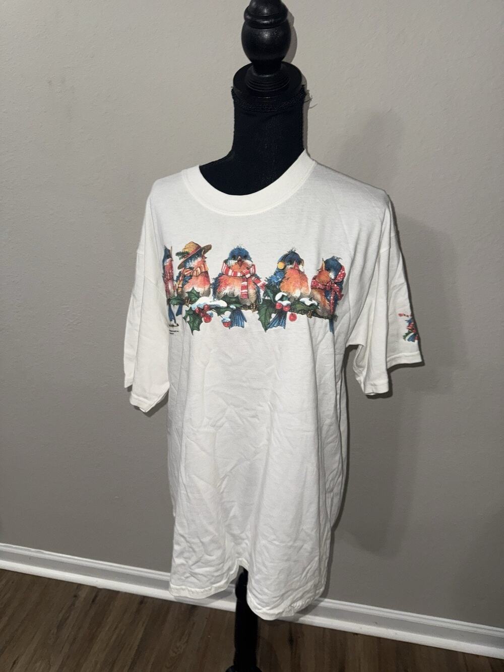 Vintage Carolyn Shores Wright Bluebirds T Shirt Large L Winter Birds Scarves